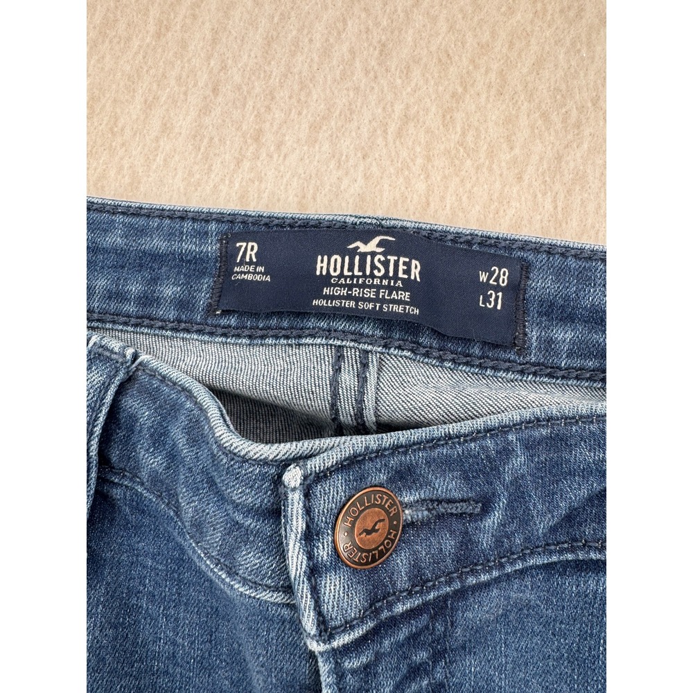 Y2K Hollister High Rise Flare Jeans Blue Raw Hem Side Slit Size 7R (28x30) Boho - Picture 3 of 12